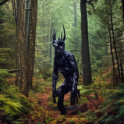 Image similar to beautiful Appalachian forest with a wendigo looming in the background