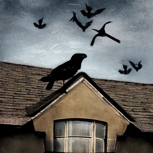 Image similar to A clown on the roof of the church playing with crows, futurist, digital art, dramatic lighting, symbolic