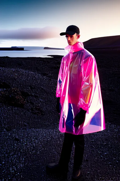 Image similar to an ultra high definition professional high fashion portrait studio full length photograph of a male model wearing a transparent pearlescent raincoat and neon visor in an icelandic black rock environment at dawn. no artefacts. extremely detailed. stark. refraction. shallow depth of field. volumetric light and shadow. ray tracing. light rays.