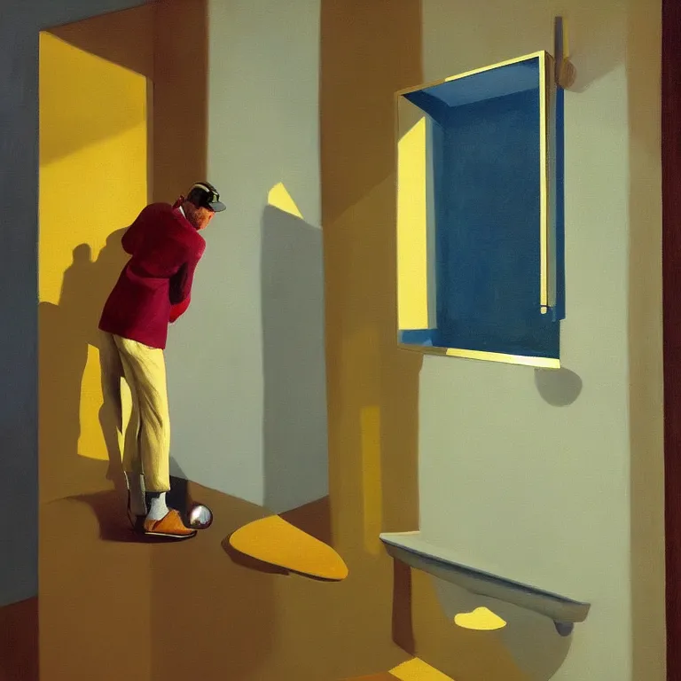 Image similar to gold urinal as art, golf club, painted by Edward Hopper, painted by James Gilleard, airbrush