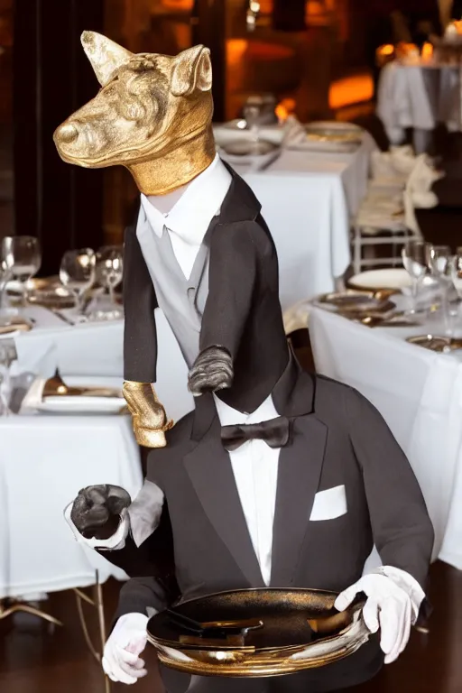 Image similar to a dog - headed waiter at the reception of a fancy restaurant