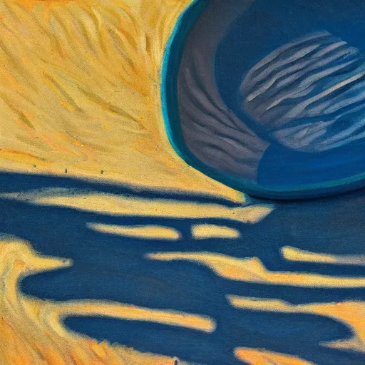 Prompt: a fauvist painting of a strange metallic object poking out from the sand, late evening light