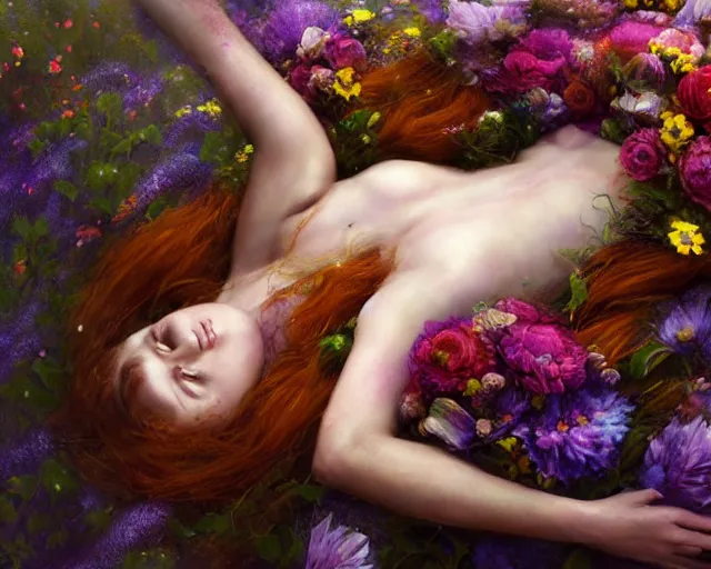 Image similar to cute female bride laying down and swathed in flowers, perfect face, tiara, ginger hair, abs, cinematic, freckles, stunning, athletic, strong, agile, highly detailed, psychedelic, digital painting, artstation, smooth, hard focus, illustration, art by jessica rossier and and brian froud