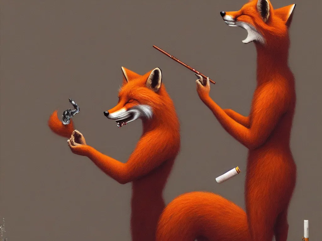 Prompt: an anthropomorphic male red fox fursona smoking a joint, by zdzisław beksinski and greg rutkowski, surreal, horror, 8 k