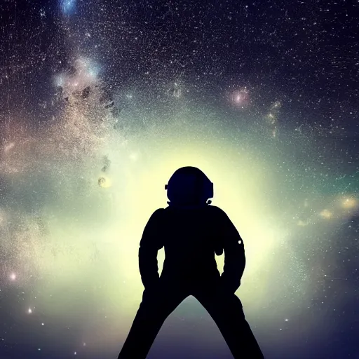 Image similar to astronaut silhouette with arms extended forward, bottom of arms lit by light coming from off camera, light coming from below, starry sky background, lit from below, full body photo,, 8 k