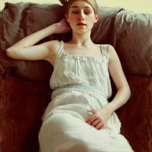 Image similar to girl with pigtails hairstyle, lace dress, reclining pose, jeremy lipking, joseph todorovitch, timothy rees