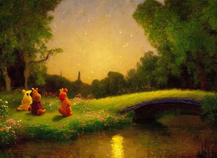 Image similar to romanticism impressionism landscape painting of winnie the pooh characters at night, night time, paper lanterns, string lights, in the style of hudson river school and thomas cole and albert bierstadt and vincent van gogh