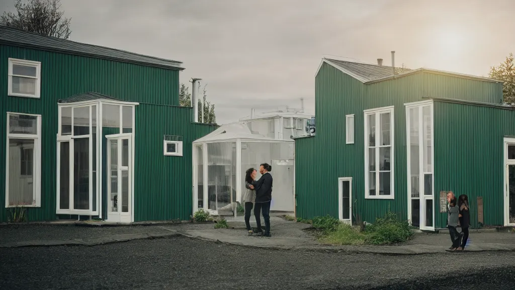 Prompt: a couple, green house, quiet street, reykjavik, sunset lighting, rim light, hyper realistic, 1 0 5 mm, cinematic frame