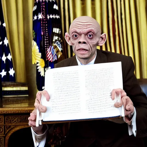 Image similar to president gollum giving a speech in the oval office