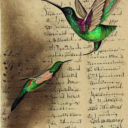 Prompt: an ancient book containing a humming bird drawing , worn out pages, baroque, sketch