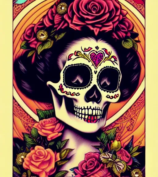 Image similar to a beautiful fancy skull lady by dan mumford and gil elvgren, folklorico, tarot, sugar skull, hyperrealism, intricate details