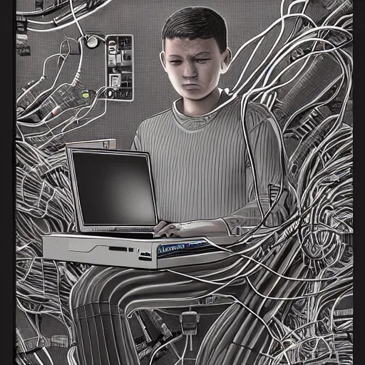 Image similar to illustration of a boy connected to his laptop with hundreds of wires, highly detailed, by butcher billy, cgsociety, mcbess, rutkowski, james jean, 8 k, photorealistic