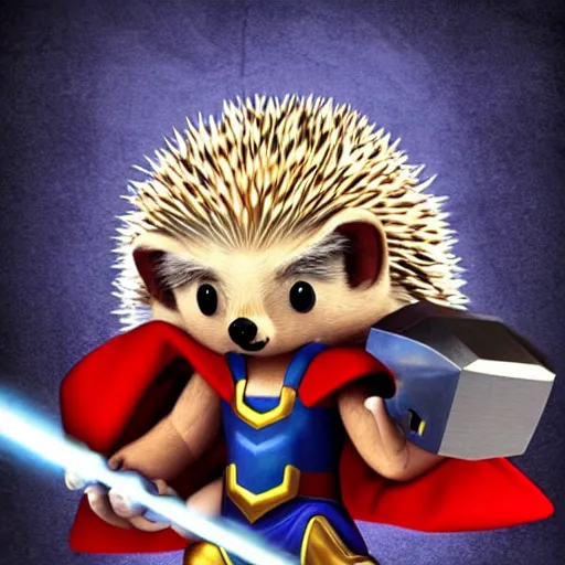 Image similar to the hedgehog thor ~ holding his hammer ~ dramatic thunder background ~ fighting scene ~