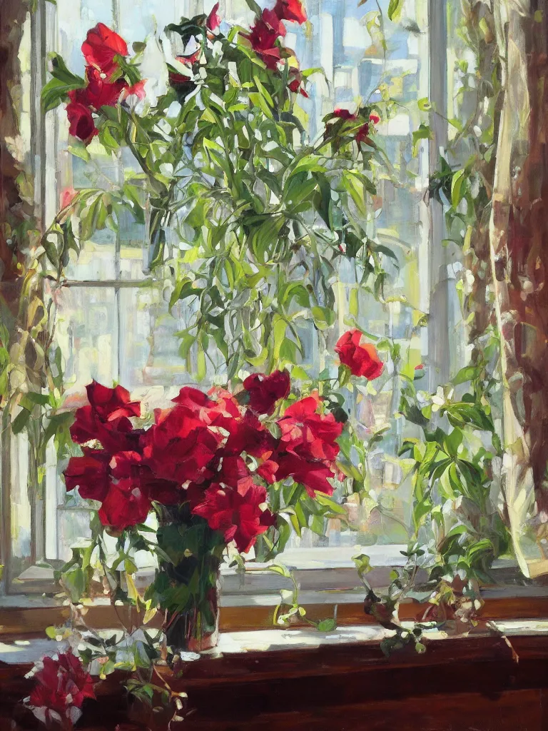 Prompt: gorgeous flowers by Ben aronson, oil on canvas, morning, window with art nouveau curtains