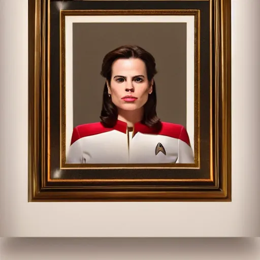 Prompt: a beautiful full body photograph of hayley atwell as a star fleet officer from star trek next generation, full dress uniform, symmetrical face, extreme realism and detail, 8 k, completely framed, direct lighting, 3 5 mm photo, photorealistic, sharp focus