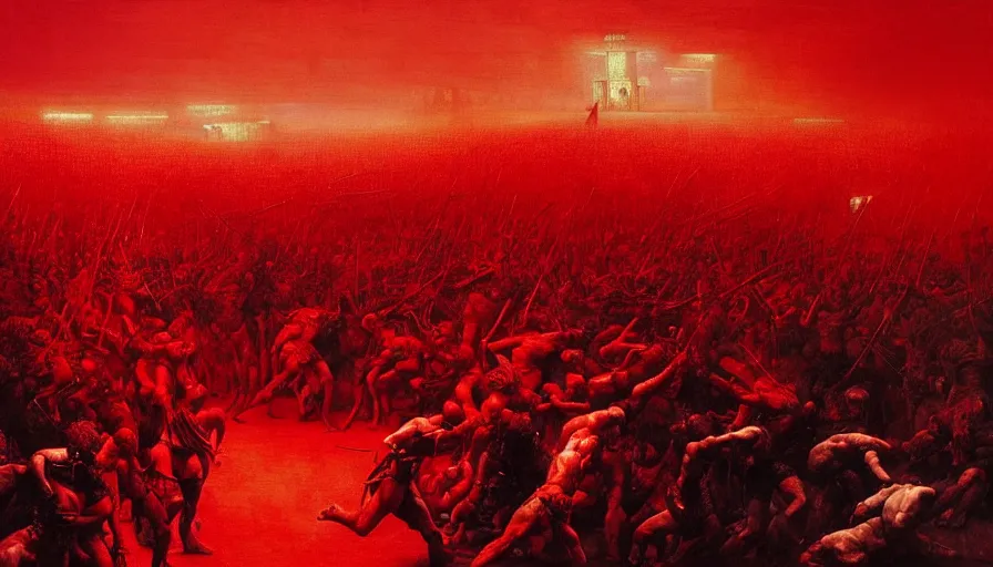 Image similar to only with red, bloody gladiator battle in a crowded roman amphitheatre, crowd cheering, in the style of beksinski and edward hopper and rodcenko and yue minjun and greg rutkowski, intricate and epic composition, red by caravaggio, highly detailed, masterpiece, red light, artstation, art nouveau