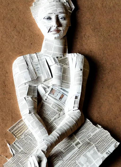 Image similar to a portrait of a beautiful young woman paper mache wrapped and made of newspaper, sitting relax and happy, marble stairs on the the backgroundhyper realistic, 8 k,