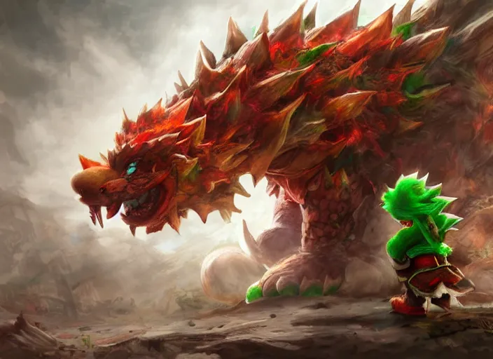 Image similar to detailed concept art of a huge giant bowser by cheng yi and luolin, aartstation, artstationhd, detailed scales, spiky and red hair tuft green scales. bowser, bowser nintendo, koopa, ~ bowser # bowser ( ( mario ) ) bcy. net, realistic. cheng yi, fire breathing. bowser