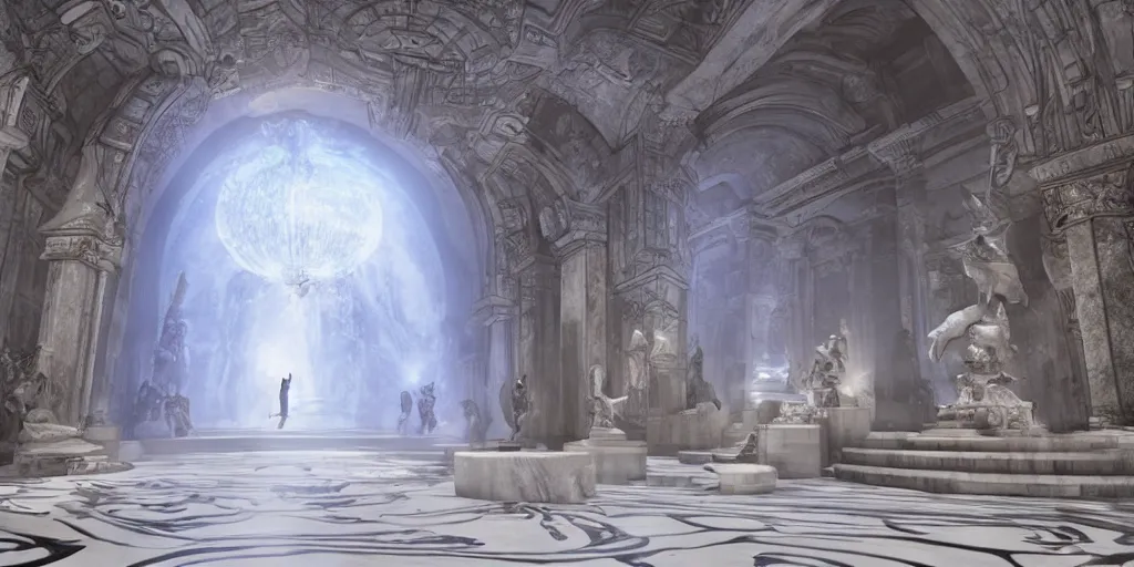 Image similar to the grand magical entrance, matte marble floors, art by kotaro chiba, volumetric lighting, epic composition