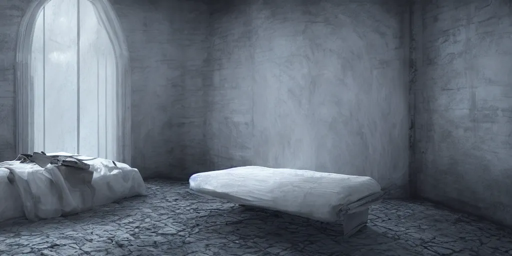 Image similar to liminal space bed, unreal engine, octane render, fantasy, white walls, digital art, dreamcore