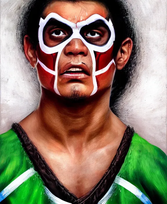 Prompt: heroic portrait of a young mexican wrestler. art by denys tsiperko and bogdan rezunenko, hyperrealism