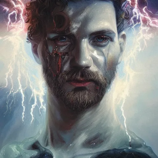 Prompt: portrait of zeus starring into the camera, fixed eyes, lightning environment, melted paint, melting, surreal, dramatic lighting, face, detailed, intricate, elegant, highly detailed, digital painting, artstation,, concept art, smooth, sharp focus, illustration, art by sam spratt, dan mumford, artem demura and alphonse mucha