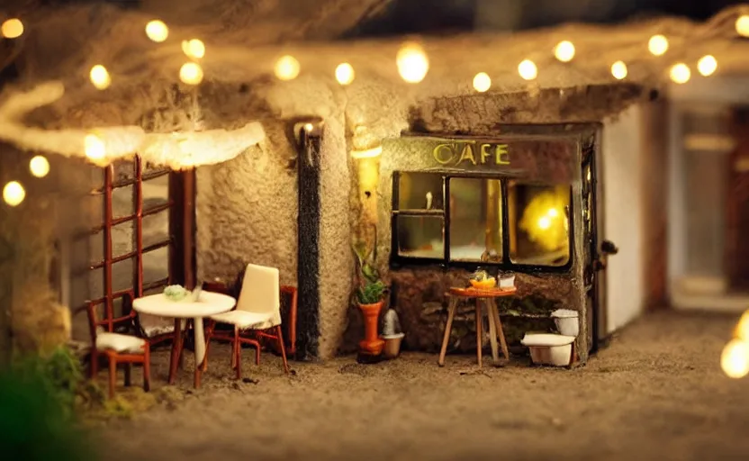 Image similar to mini cafe diorama macro photography, cafe for felted animals, ambient, atmospheric photograph, string lights, romantic