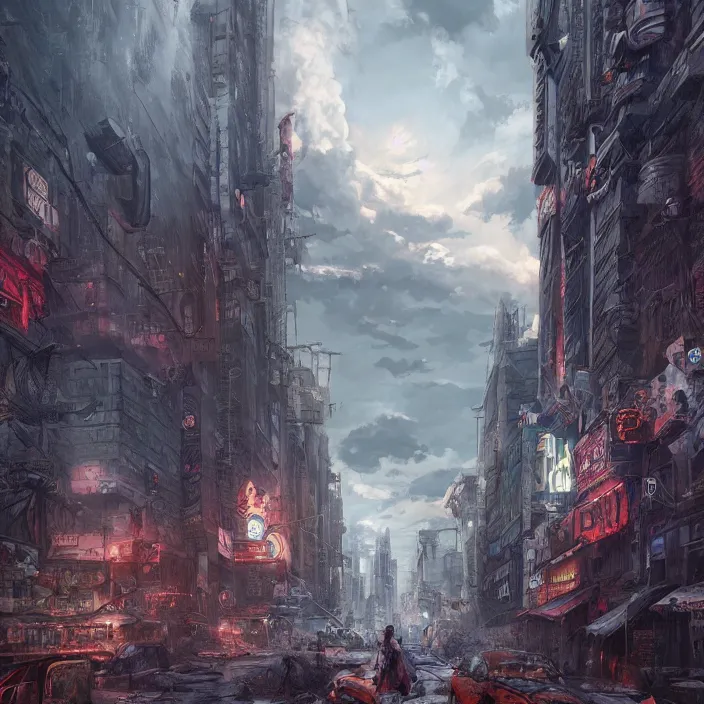Image similar to an epic fantasy comic book style landscape painting of post - apocalyptic new york city, dark clouds hyper detailed ultra sharp sharp focus, studio ghibli, unreal 5, hyperrealistic, octane render, dramatic lighting, intricate detail, cinematic, dark atmosphere