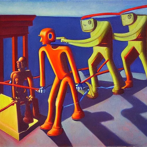 Prompt: robot tug of war, dystopian, pj crook, edward hopper, oil on canvas