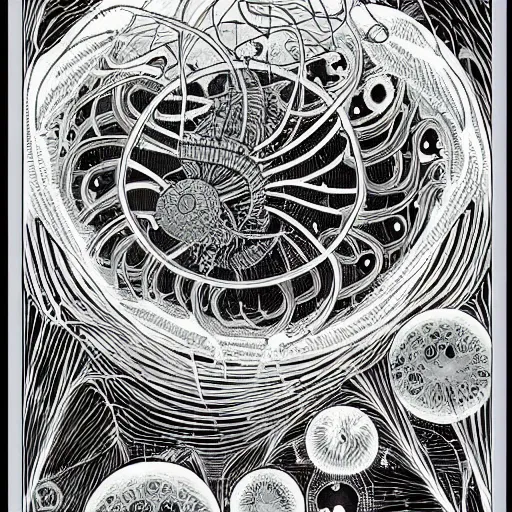 Prompt: space jellyfish by geoff darrow and ernst haeckel