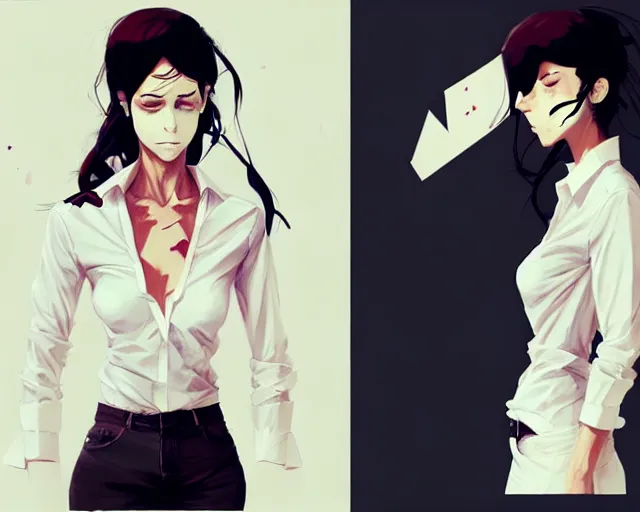 Image similar to a ultradetailed full body portrait of a woman dressed in a white shirt with a tie, by conrad roset, greg rutkowski and makoto shinkai trending on artstation