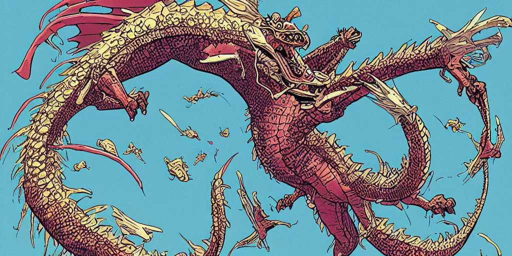 Image similar to an alien dragon flying in outer space, style of Geof Darrow