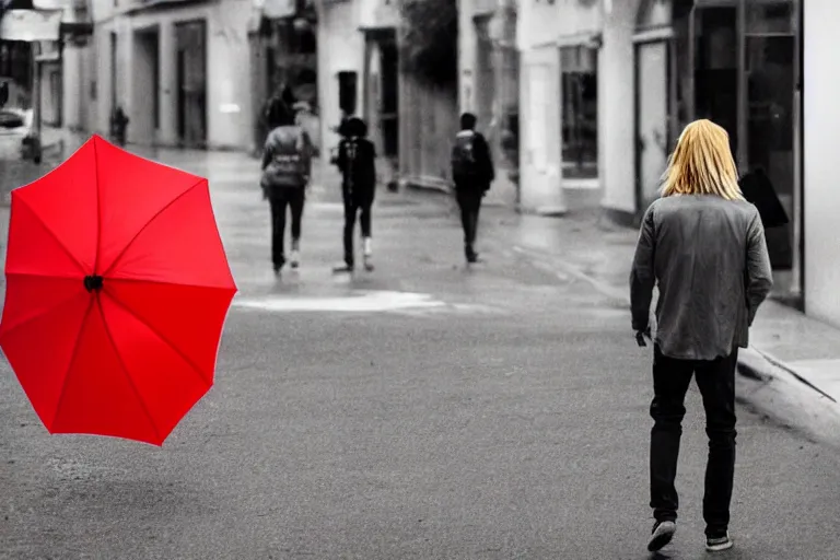 Prompt: a young man walks through the streets of a modern city, holding a large red umbrella, his long blond hair flowing behind him as he goes, back view!!, minimalistic, realistic art style, trending on behance, illustrated by danielle morrissey and benjamin spencer