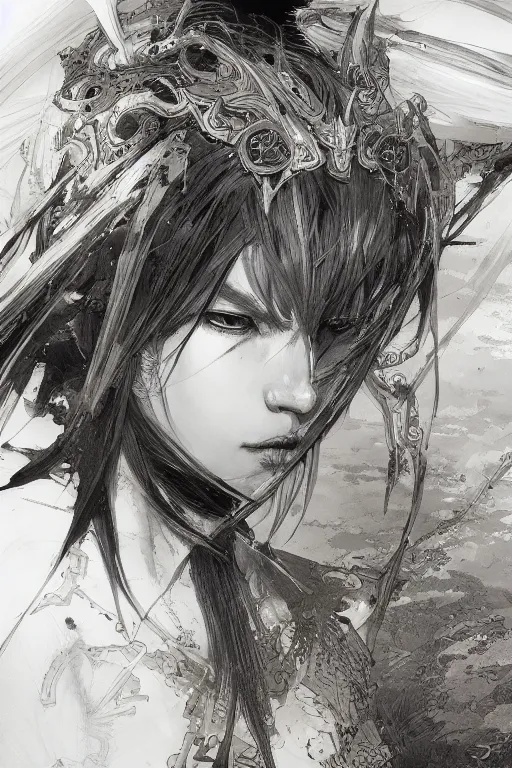 Image similar to portrait of anime woman warrior, pen and ink, intricate line drawings, by craig mullins, ruan jia, kentaro miura, greg rutkowski, loundraw