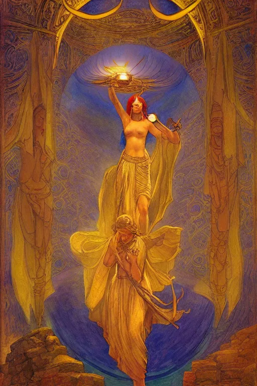 Image similar to goddess of the new city with her lantern, by Annie Swynnerton and Nicholas Roerich and jean delville, dramatic cinematic lighting , ornate headdress , flowing robes, lost civilizations, extremely detailed