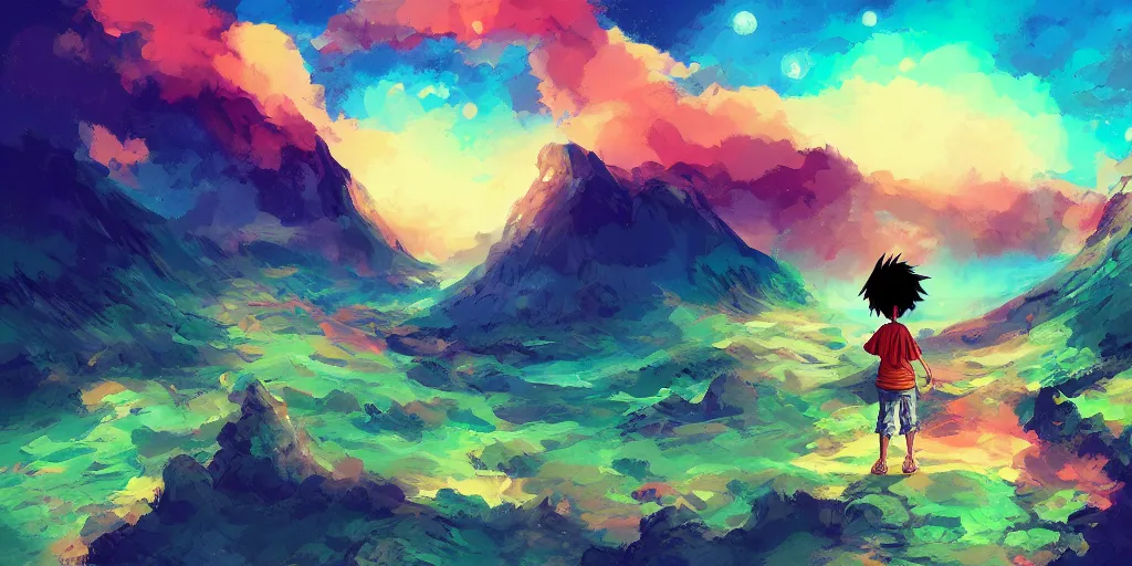 Image similar to luffy, mountain landscape, night sky, digital art, digital painting, celestial, majestic, playful, colorful