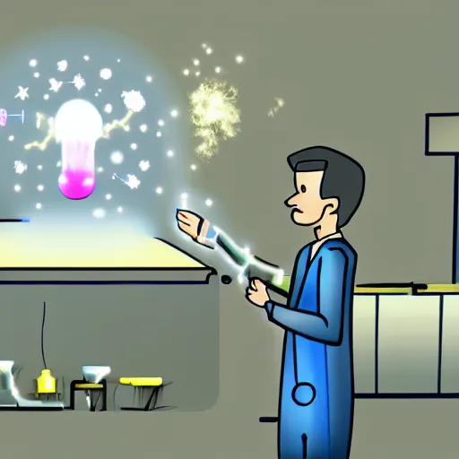 Prompt: A man dressed in a lab coat is throwing glowing obs from an ivory tower, drawn in the digital art style