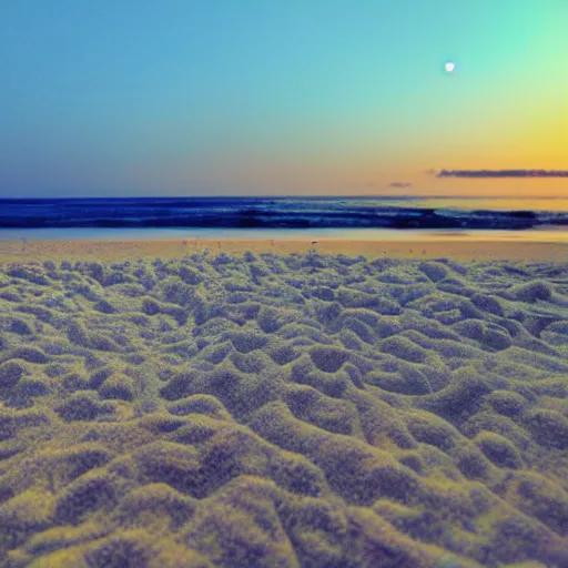 Image similar to a beautiful beach on an alien planet during the magic hour