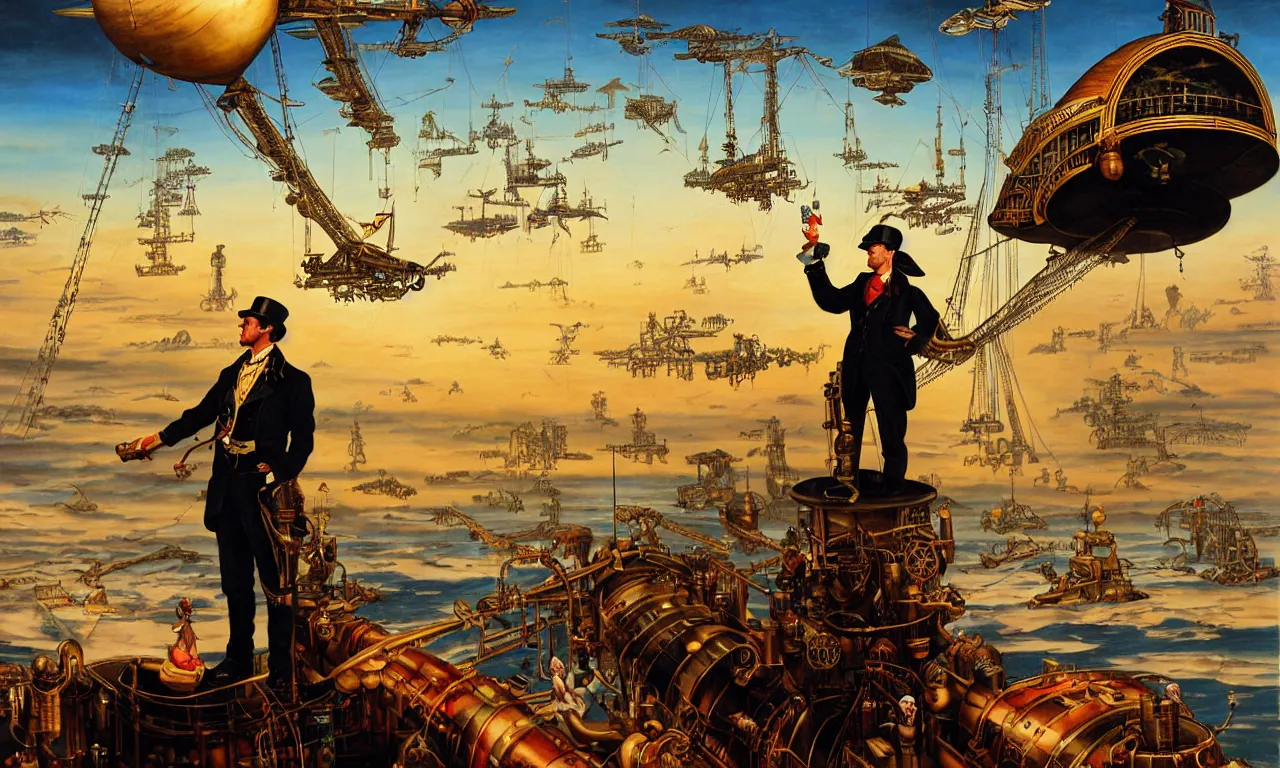 Image similar to close up of a gentleman navigator standing on deck of his steampunk zeppelin flying over a vast ocean of a very large language model, observing giant flying robot harvesters collecting data relations in the background, painted by josh kirby, ligne claire, very detailed and colorful, low light, sundown