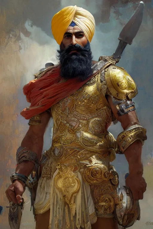Prompt: painted portrait of rugged banda singh bahadur by greg rutkowski craig mullins art germ alphonse mucha, messy gold body paint over back and his arms, white hair handsome muscular upper body mature warm tone bulging bubble flowing robe [ ancient greek motifs ] background fantasy intricate elegant detailed digital painting concept art artstation sharp focus illustration