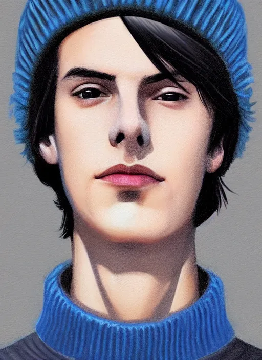 Image similar to portrait of teenage jughead jones wearing a light grey crown, crown, blue turtleneck, 1 9 5 0 s, closed eyes, photorealistic, black hair, glowing lighting, intricate, elegant, glowing lights, highly detailed, digital painting, artstation, concept art, smooth, sharp focus, illustration, art by wlop, mars ravelo and greg rutkowski