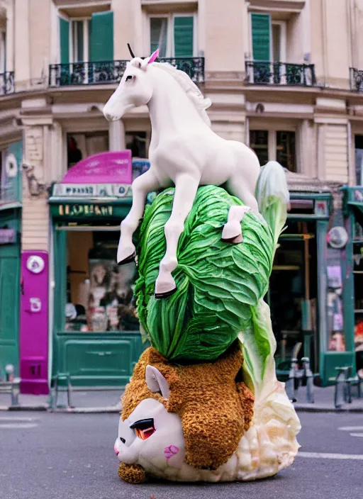 Prompt: a unicorn in paris, a cat and a piece of cabbage are crawling out of the unicorn, lsd, canon 5 d 5 0 mm lens fuji 8 0 0 film