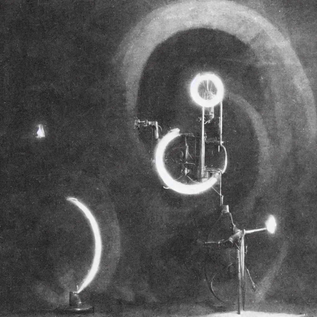 Image similar to grainy 1800s photo of a mechanical device opening a glowing portal to another dimension