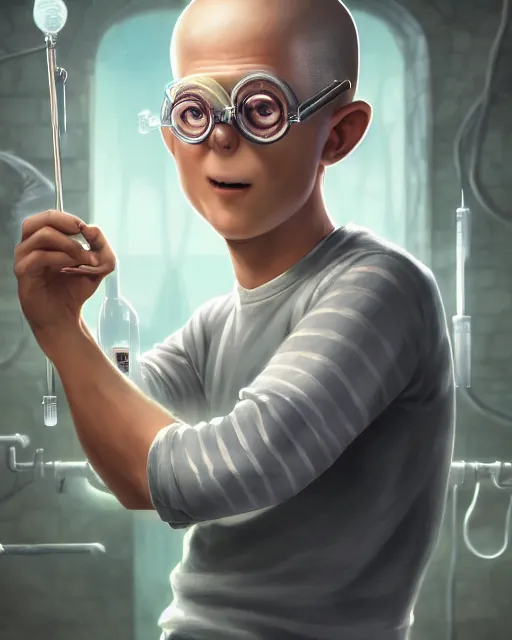 Prompt: An epic fantasy comic book style portrait painting of a !young man in a laboratory, very expressive, buzz cut gray hair, !!NO GLASSES, round face, wearing a shirt with horizontal stripes, handling laboratory equipment, character design by Mark Ryden and Pixar and Hayao Miyazaki, unreal 5, DAZ, hyperrealistic, octane render, cosplay, RPG portrait, dynamic lighting, intricate detail, summer vibrancy, cinematic