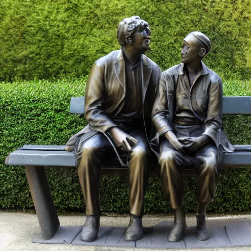 Prompt: a couple sitting on a park bench, bronze statue