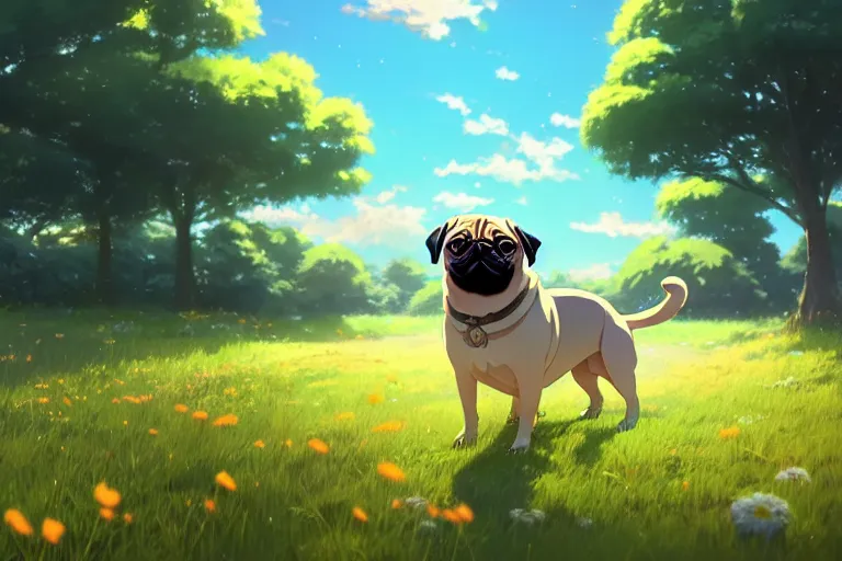 Image similar to a happy pug, single subject, peaceful flower meadow with some trees in the background, scenic full shot, ambient lighting, detailed face, by makoto shinkai, stanley artgerm lau, wlop, rossdraws