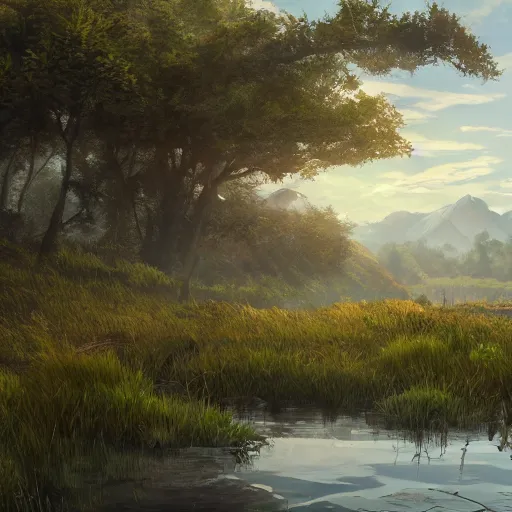 Image similar to concept art painting of a marsh swamp on top of a mountain above a forest, realistic, detailed, cel shaded, in the style of makoto shinkai and greg rutkowski and james gurney