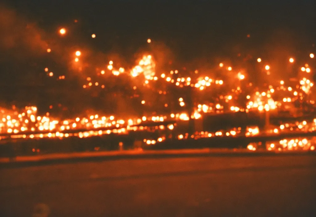 Image similar to lomo photo of a large burning bridge, cinestill, bokeh, out of focus, night, dramatic lighting