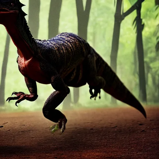 Prompt: Velociraptor dinosaur, walking in the jungle, the velocirapter has blood on its teeth, 8k, professional photography, cinematic shot, dark, smoke