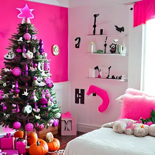 Image similar to homemade bubble gum and pastel pink halloween themed christmas bedroom ideas, high resolution, creative, visually appealling